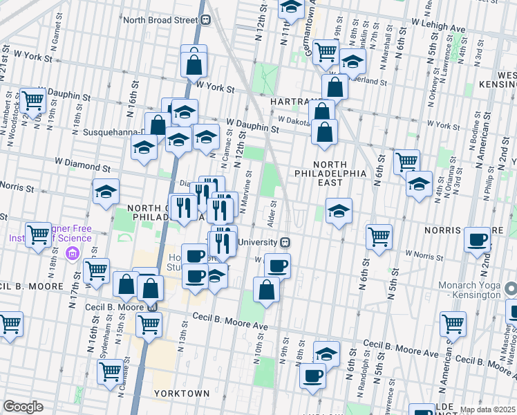 map of restaurants, bars, coffee shops, grocery stores, and more near 2013 North 11th Street in Philadelphia