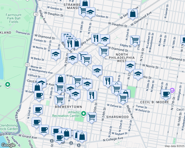 map of restaurants, bars, coffee shops, grocery stores, and more near 2552 Ridge Avenue in Philadelphia