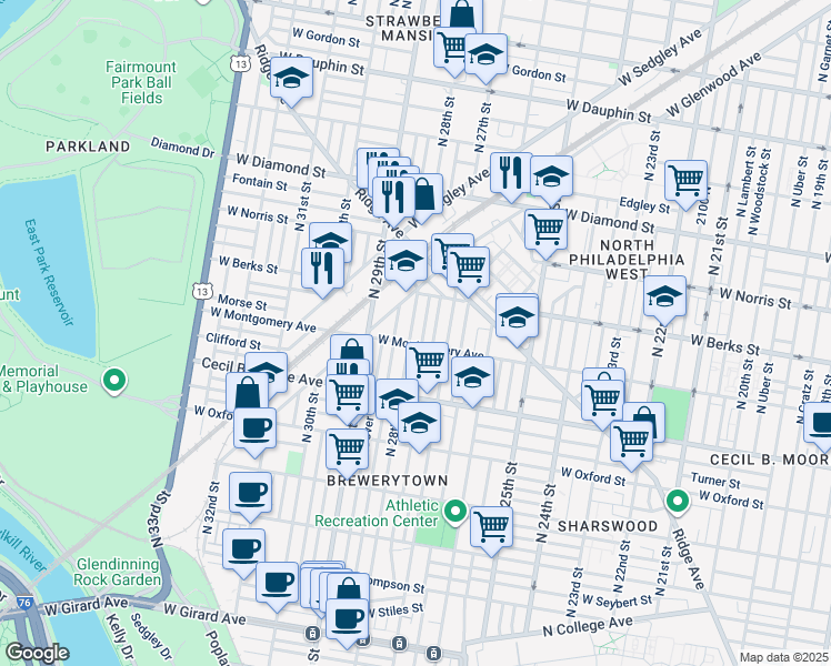 map of restaurants, bars, coffee shops, grocery stores, and more near 1813 North 28th Street in Philadelphia