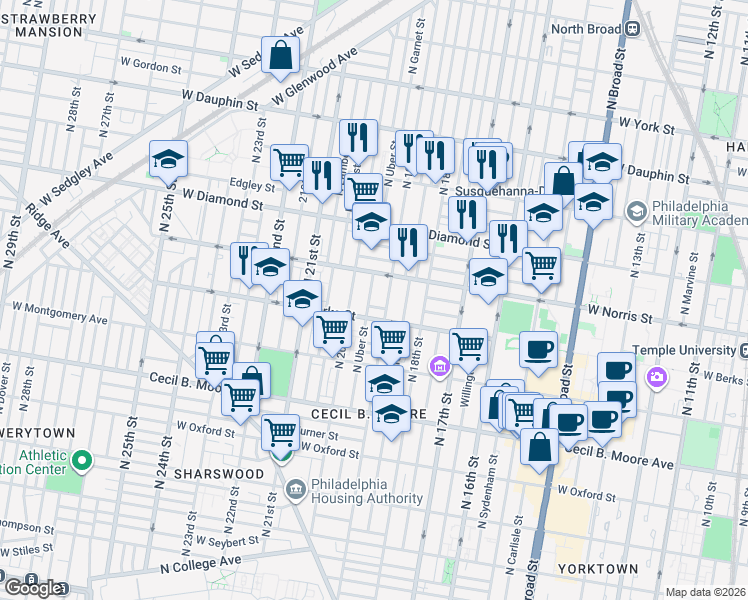 map of restaurants, bars, coffee shops, grocery stores, and more near 1900 West Norris Street in Philadelphia