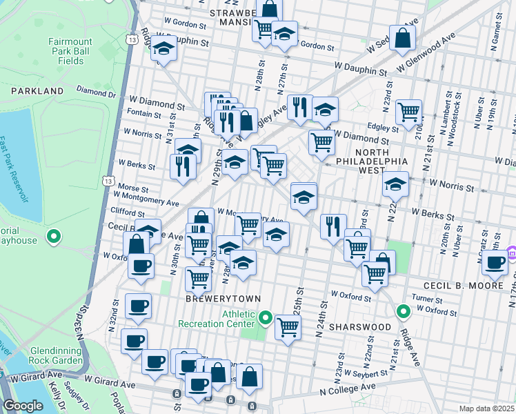 map of restaurants, bars, coffee shops, grocery stores, and more near 1818 North 27th Street in Philadelphia