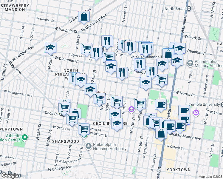 map of restaurants, bars, coffee shops, grocery stores, and more near 1919 North Uber Street in Philadelphia