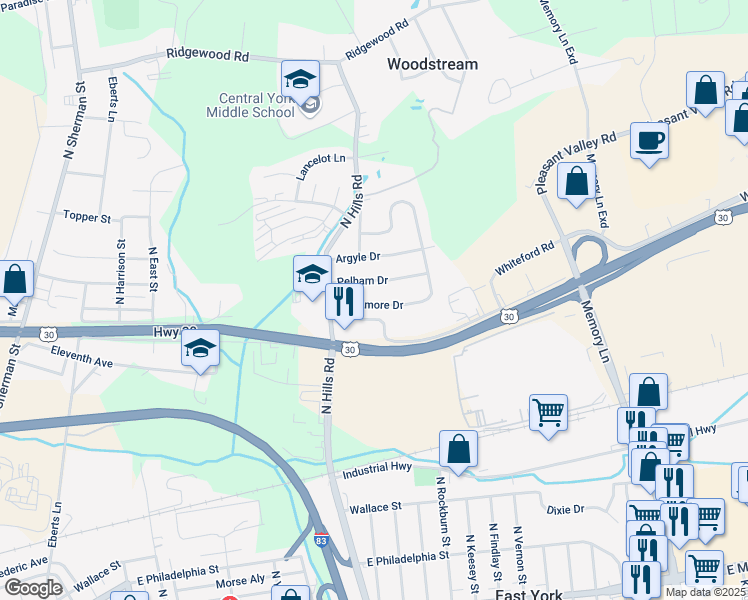 map of restaurants, bars, coffee shops, grocery stores, and more near 1741 Sagamore Drive in York