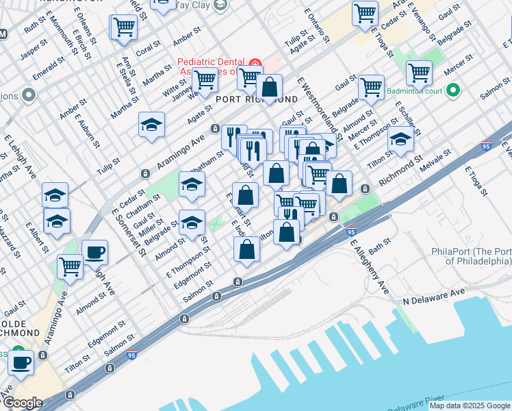 map of restaurants, bars, coffee shops, grocery stores, and more near 3055 Mercer Street in Philadelphia