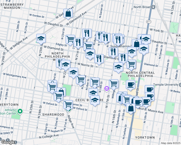 map of restaurants, bars, coffee shops, grocery stores, and more near 1919 North Uber Street in Philadelphia