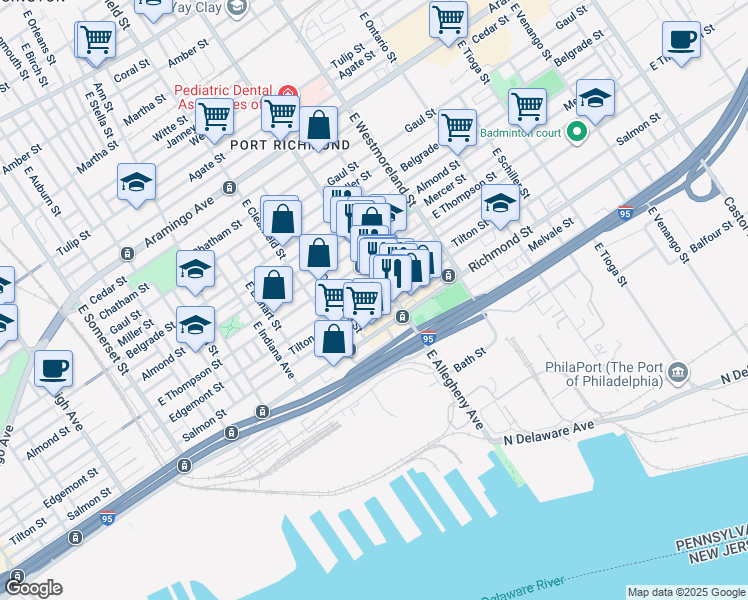 map of restaurants, bars, coffee shops, grocery stores, and more near 3179 Tilton Street in Philadelphia