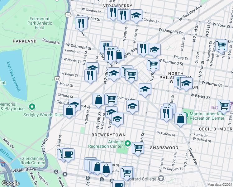 map of restaurants, bars, coffee shops, grocery stores, and more near 1813 North 28th Street in Philadelphia