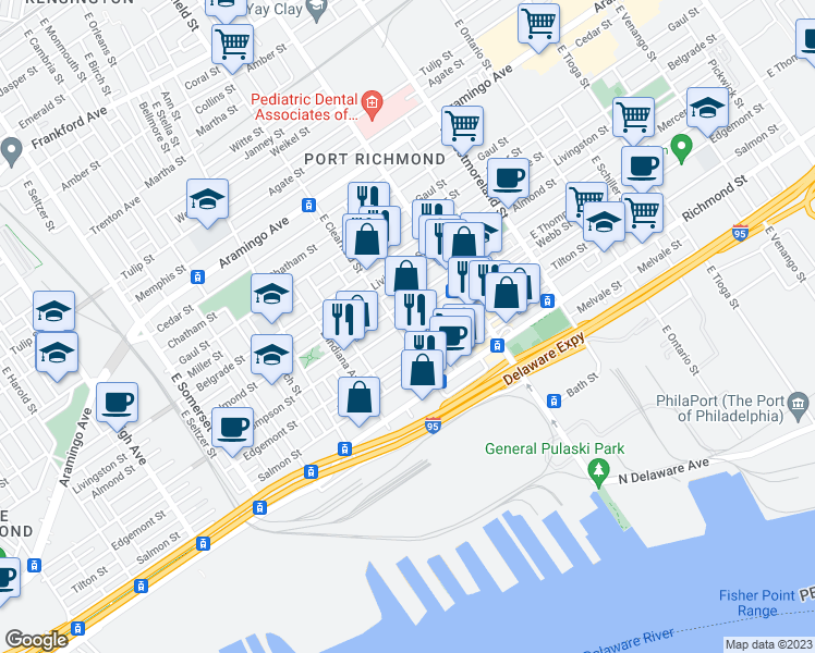 map of restaurants, bars, coffee shops, grocery stores, and more near 2641 East Clearfield Street in Philadelphia