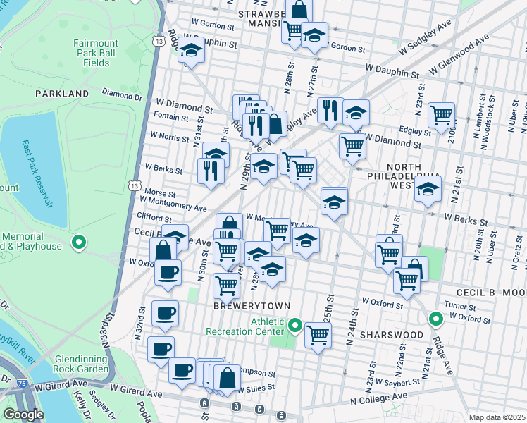 map of restaurants, bars, coffee shops, grocery stores, and more near 1812 North 28th Street in Philadelphia