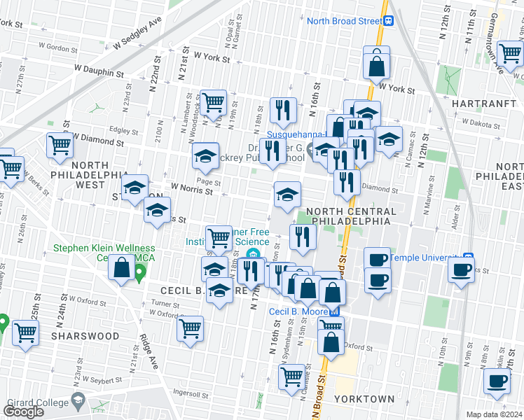 map of restaurants, bars, coffee shops, grocery stores, and more near 1701 Arlington Street in Philadelphia