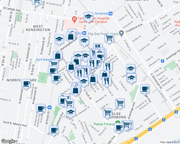 map of restaurants, bars, coffee shops, grocery stores, and more near 2104 East Cumberland Street in Philadelphia