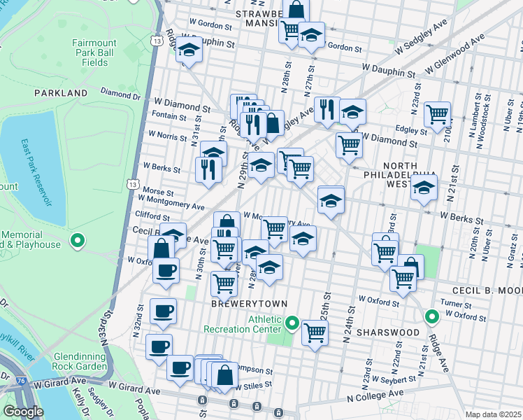 map of restaurants, bars, coffee shops, grocery stores, and more near 1812 North 28th Street in Philadelphia