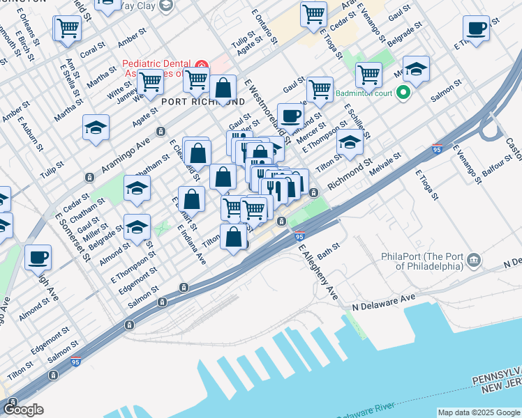 map of restaurants, bars, coffee shops, grocery stores, and more near 3179 Tilton Street in Philadelphia