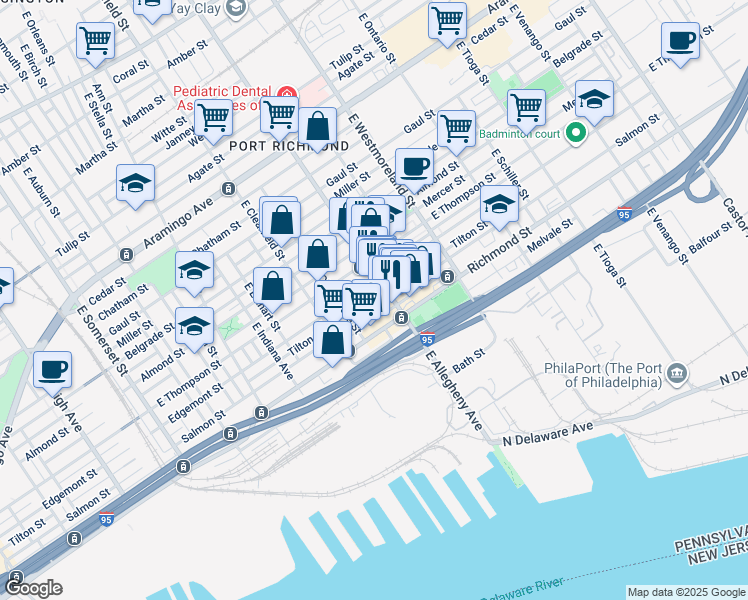 map of restaurants, bars, coffee shops, grocery stores, and more near 3181 Tilton Street in Philadelphia
