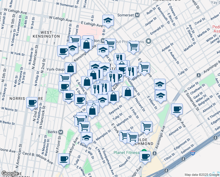 map of restaurants, bars, coffee shops, grocery stores, and more near 2104 East Cumberland Street in Philadelphia