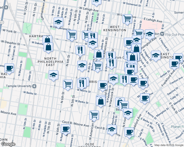 map of restaurants, bars, coffee shops, grocery stores, and more near 2149 North Orianna Street in Philadelphia