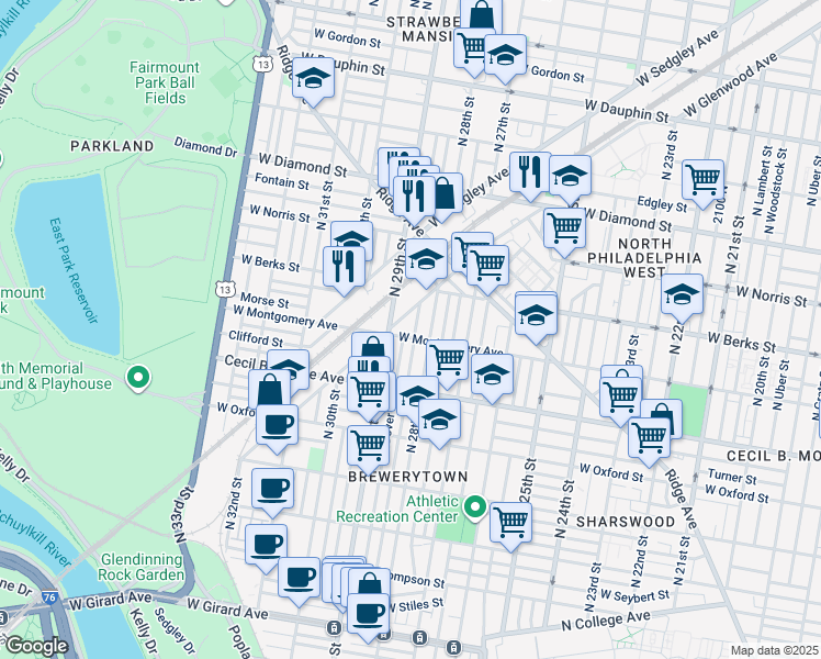 map of restaurants, bars, coffee shops, grocery stores, and more near 1808 North Newkirk Street in Philadelphia