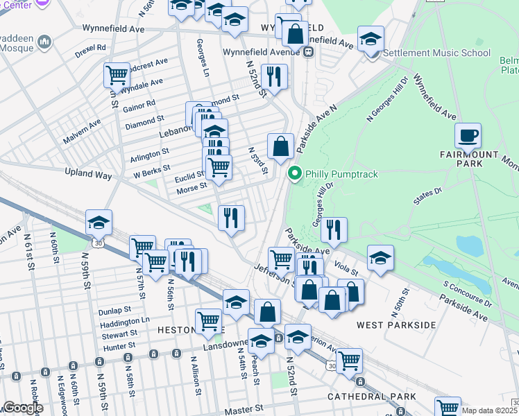 map of restaurants, bars, coffee shops, grocery stores, and more near 1724 North Peach Street in Philadelphia