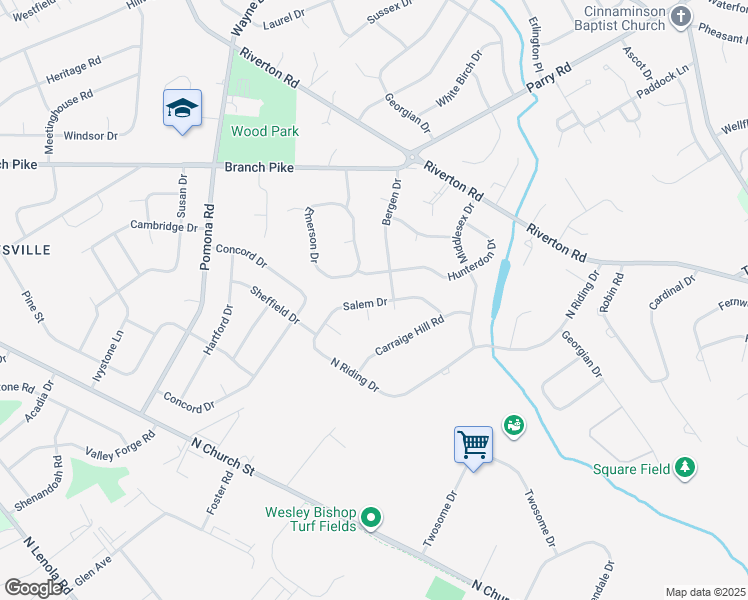 map of restaurants, bars, coffee shops, grocery stores, and more near 502 Bergen Drive in Cinnaminson