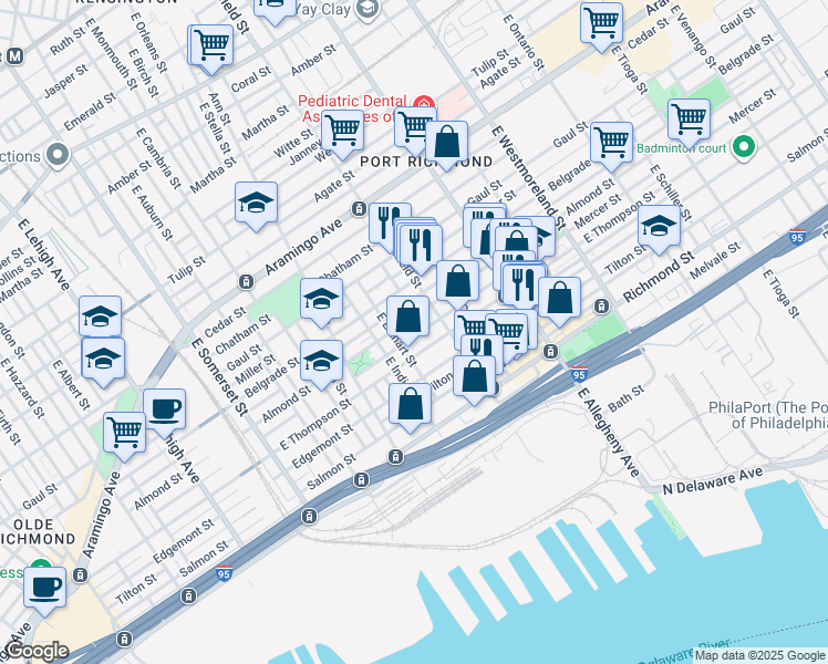 map of restaurants, bars, coffee shops, grocery stores, and more near 3069 Almond Street in Philadelphia