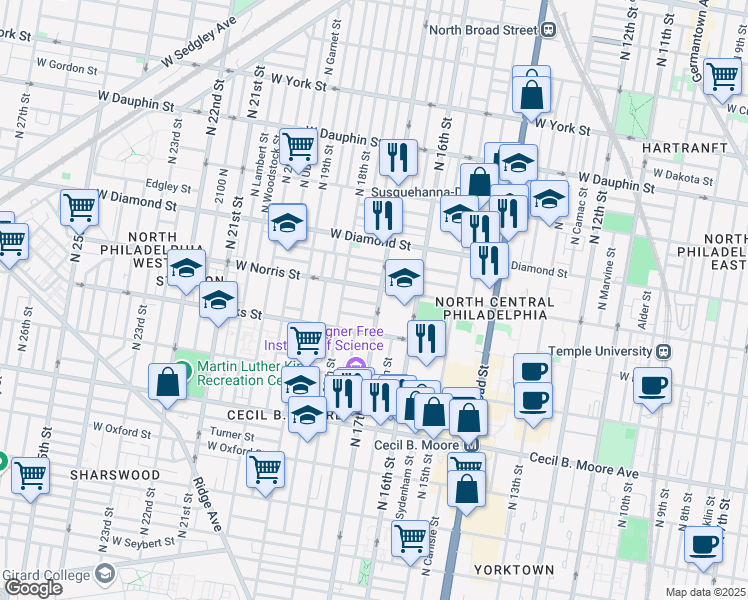 map of restaurants, bars, coffee shops, grocery stores, and more near 1932 North 17th Street in Philadelphia