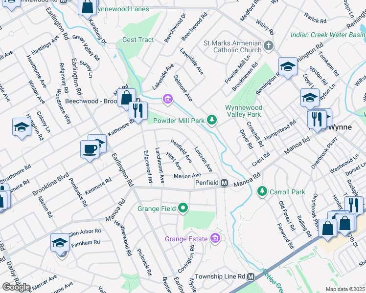 map of restaurants, bars, coffee shops, grocery stores, and more near 700 Penfield Avenue in Havertown