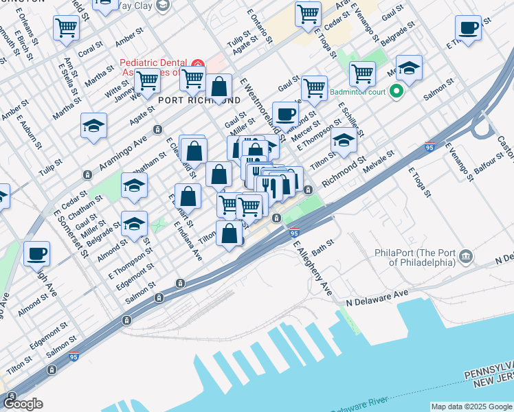 map of restaurants, bars, coffee shops, grocery stores, and more near 3181 Tilton Street in Philadelphia