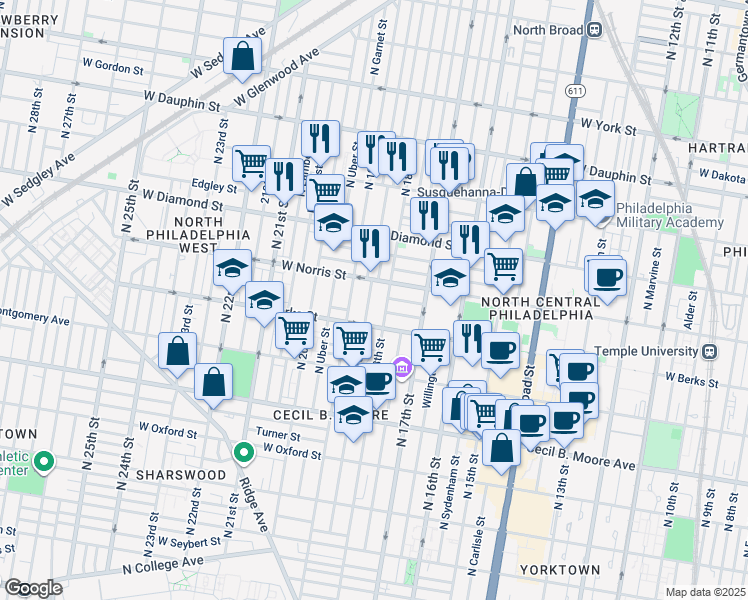 map of restaurants, bars, coffee shops, grocery stores, and more near 1937 North Gratz Street in Philadelphia