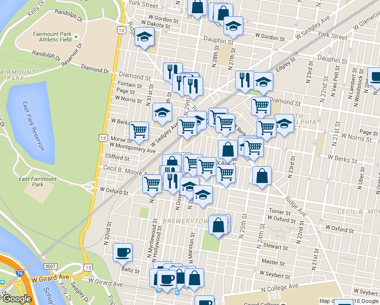 map of restaurants, bars, coffee shops, grocery stores, and more near 1808 North Newkirk Street in Philadelphia