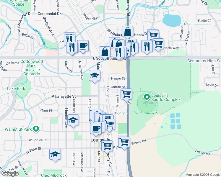 map of restaurants, bars, coffee shops, grocery stores, and more near 1412 Front Street in Louisville