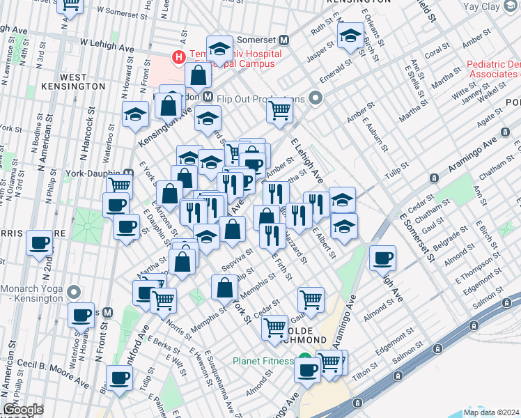 map of restaurants, bars, coffee shops, grocery stores, and more near 2133 East Sergeant Street in Philadelphia