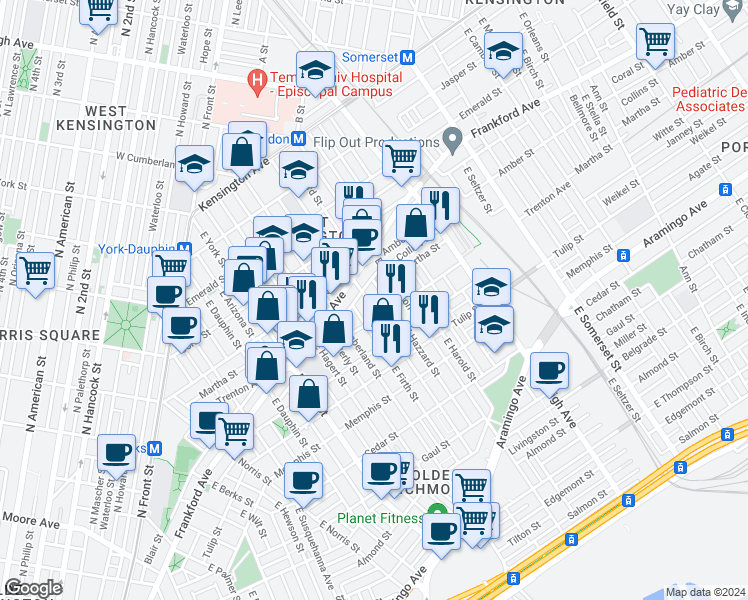 map of restaurants, bars, coffee shops, grocery stores, and more near 2133 East Sergeant Street in Philadelphia