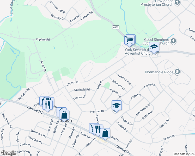 map of restaurants, bars, coffee shops, grocery stores, and more near 1765 Church Road in York