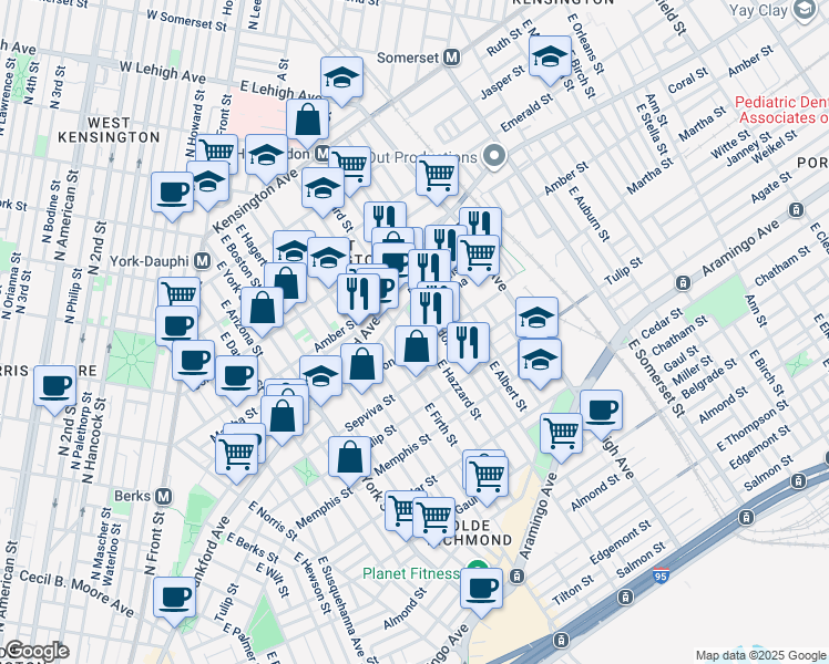 map of restaurants, bars, coffee shops, grocery stores, and more near 2132 East Hazzard Street in Philadelphia