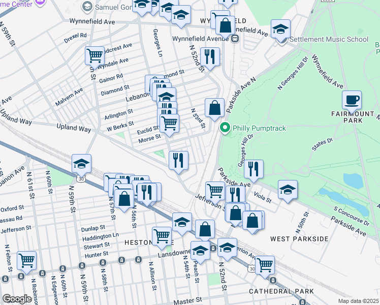 map of restaurants, bars, coffee shops, grocery stores, and more near 1722 Georges Lane in Philadelphia