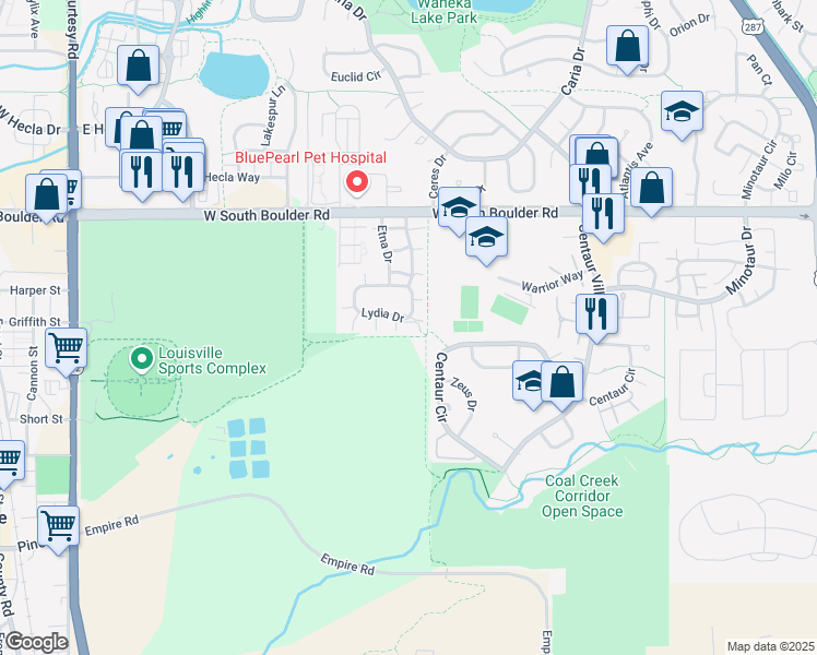 map of restaurants, bars, coffee shops, grocery stores, and more near 1711 Pindar Circle in Lafayette