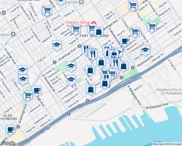 map of restaurants, bars, coffee shops, grocery stores, and more near 3069 Almond Street in Philadelphia