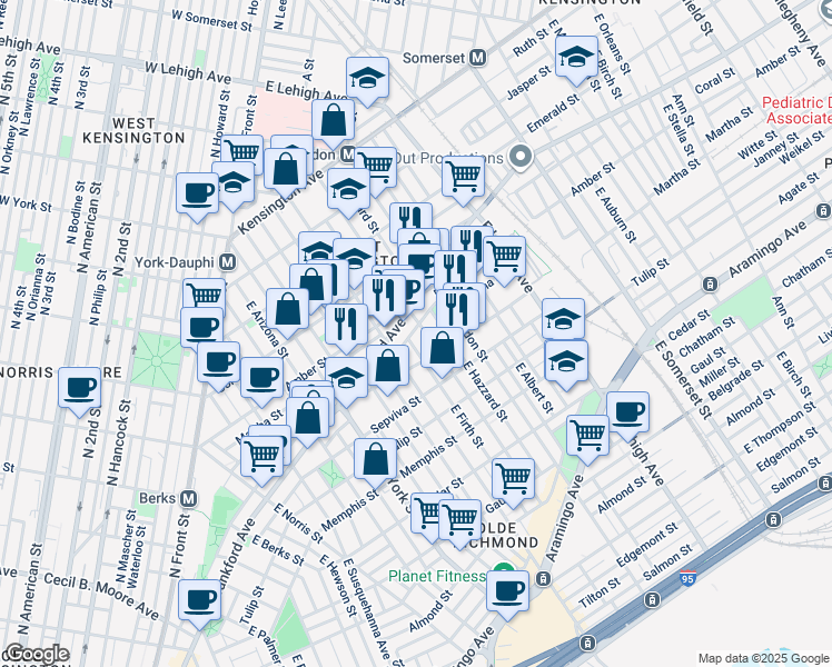 map of restaurants, bars, coffee shops, grocery stores, and more near 2111 East Sergeant Street in Philadelphia