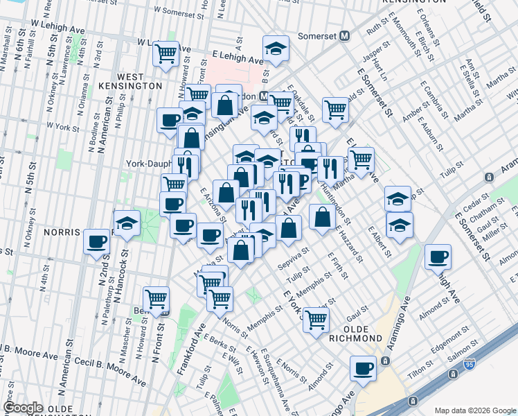map of restaurants, bars, coffee shops, grocery stores, and more near 2054 East Letterly Street in Philadelphia