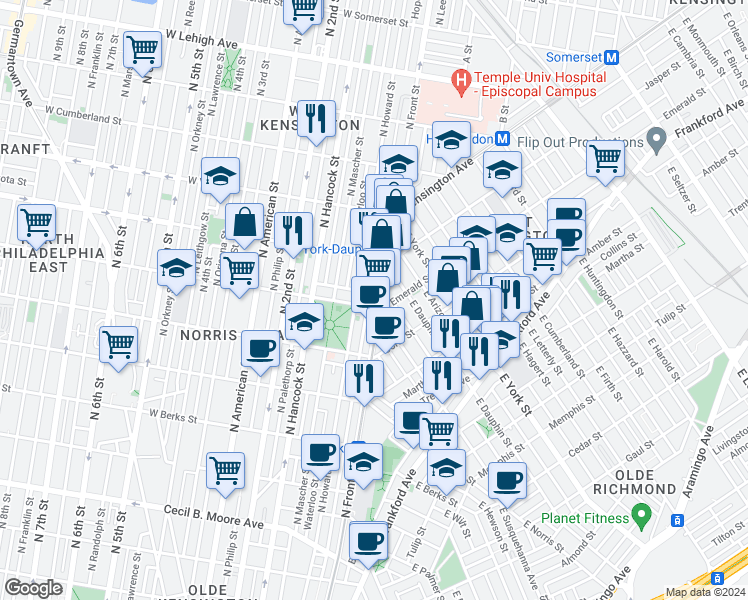 map of restaurants, bars, coffee shops, grocery stores, and more near 2222 North Howard Street in Philadelphia