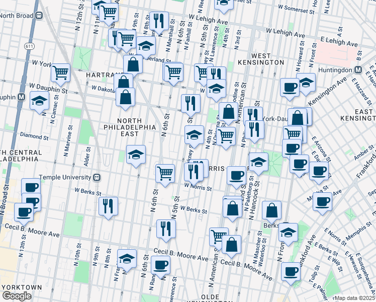 map of restaurants, bars, coffee shops, grocery stores, and more near 2142 North Reese Street in Philadelphia