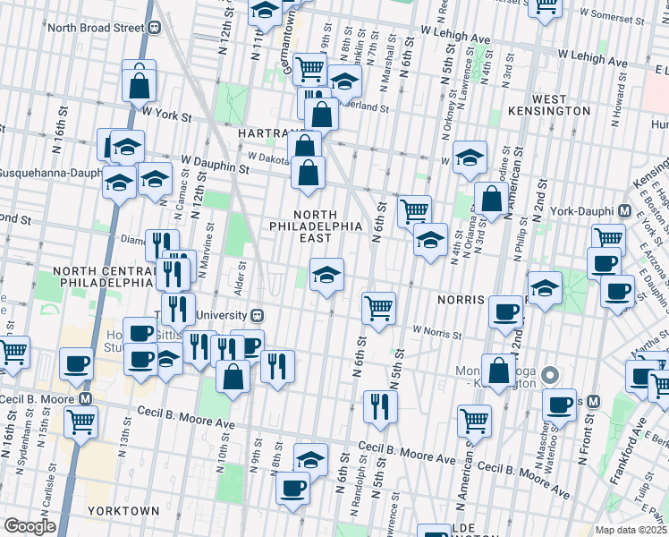 map of restaurants, bars, coffee shops, grocery stores, and more near 2127 North 7th Street in Philadelphia