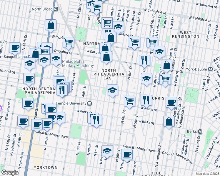 map of restaurants, bars, coffee shops, grocery stores, and more near 2123 North 8th Street in Philadelphia