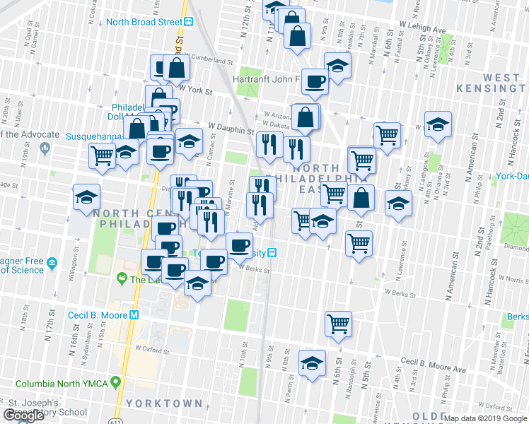 map of restaurants, bars, coffee shops, grocery stores, and more near in Philadelphia