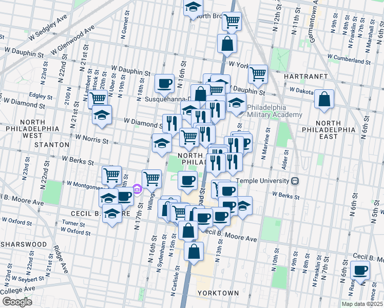 map of restaurants, bars, coffee shops, grocery stores, and more near 2029 North Carlisle Street in Philadelphia