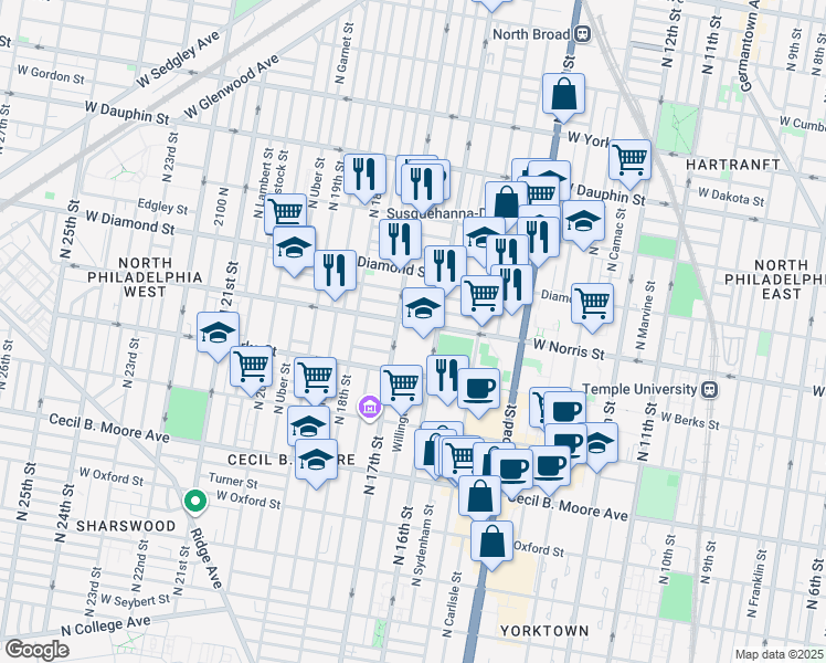 map of restaurants, bars, coffee shops, grocery stores, and more near 1602 Page Street in Philadelphia
