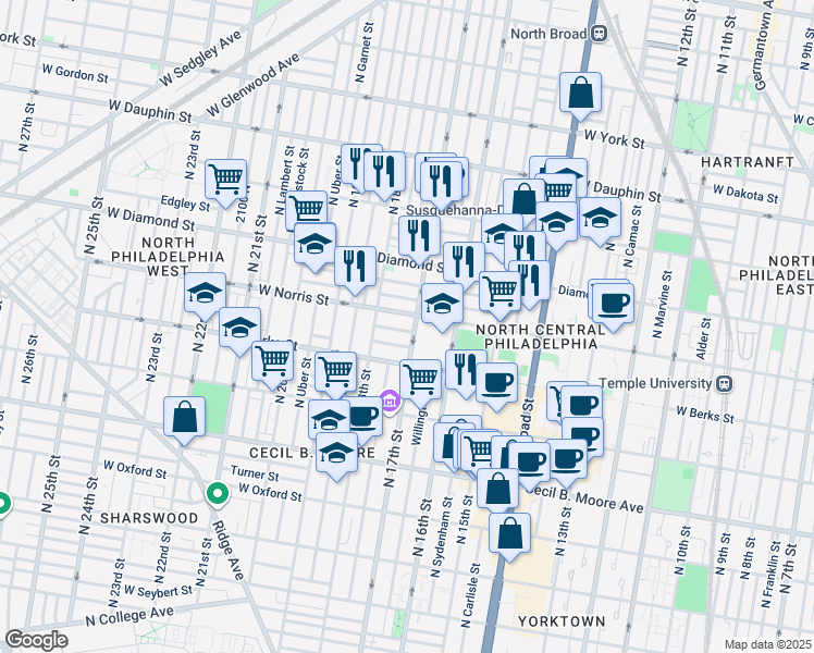 map of restaurants, bars, coffee shops, grocery stores, and more near in Philadelphia
