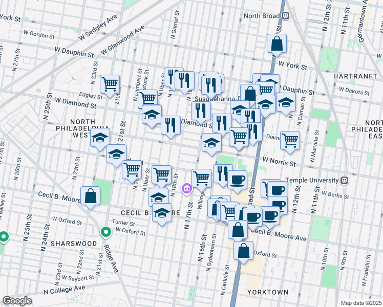 map of restaurants, bars, coffee shops, grocery stores, and more near in Philadelphia