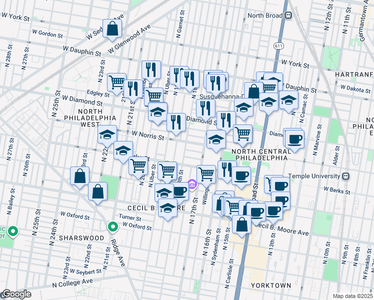 map of restaurants, bars, coffee shops, grocery stores, and more near in Philadelphia
