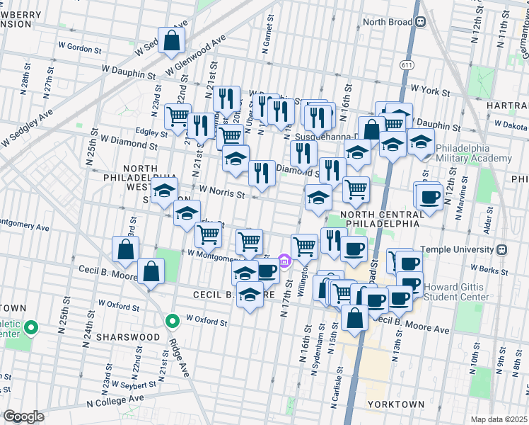 map of restaurants, bars, coffee shops, grocery stores, and more near in Philadelphia